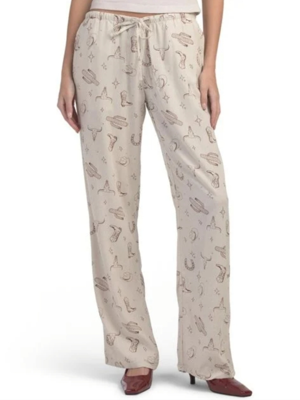 Cali 1850 Beige Western Print Linen Blend Pants Coastal Cowgirl Resortwear Med.